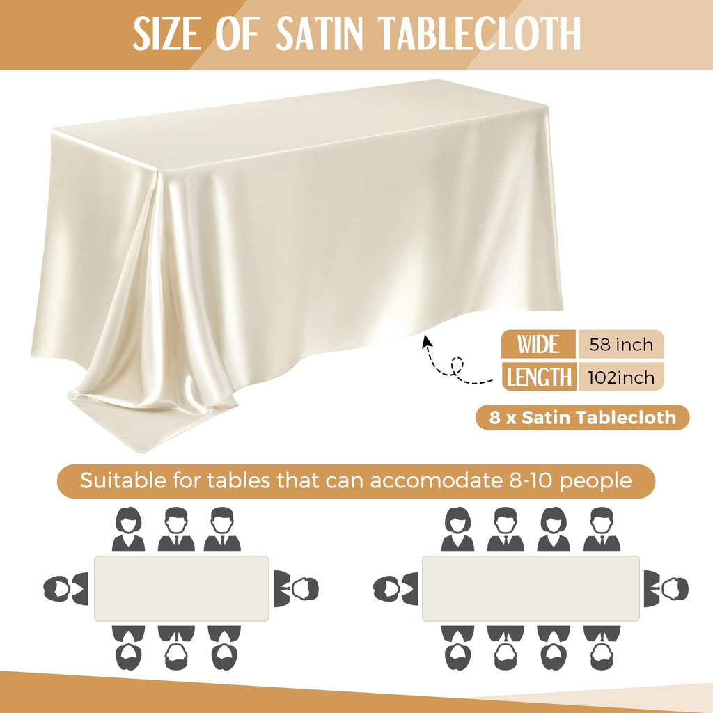 8 Pack Wedding Satin Tablecloth 102 x 58 in Rectangle, Ivory