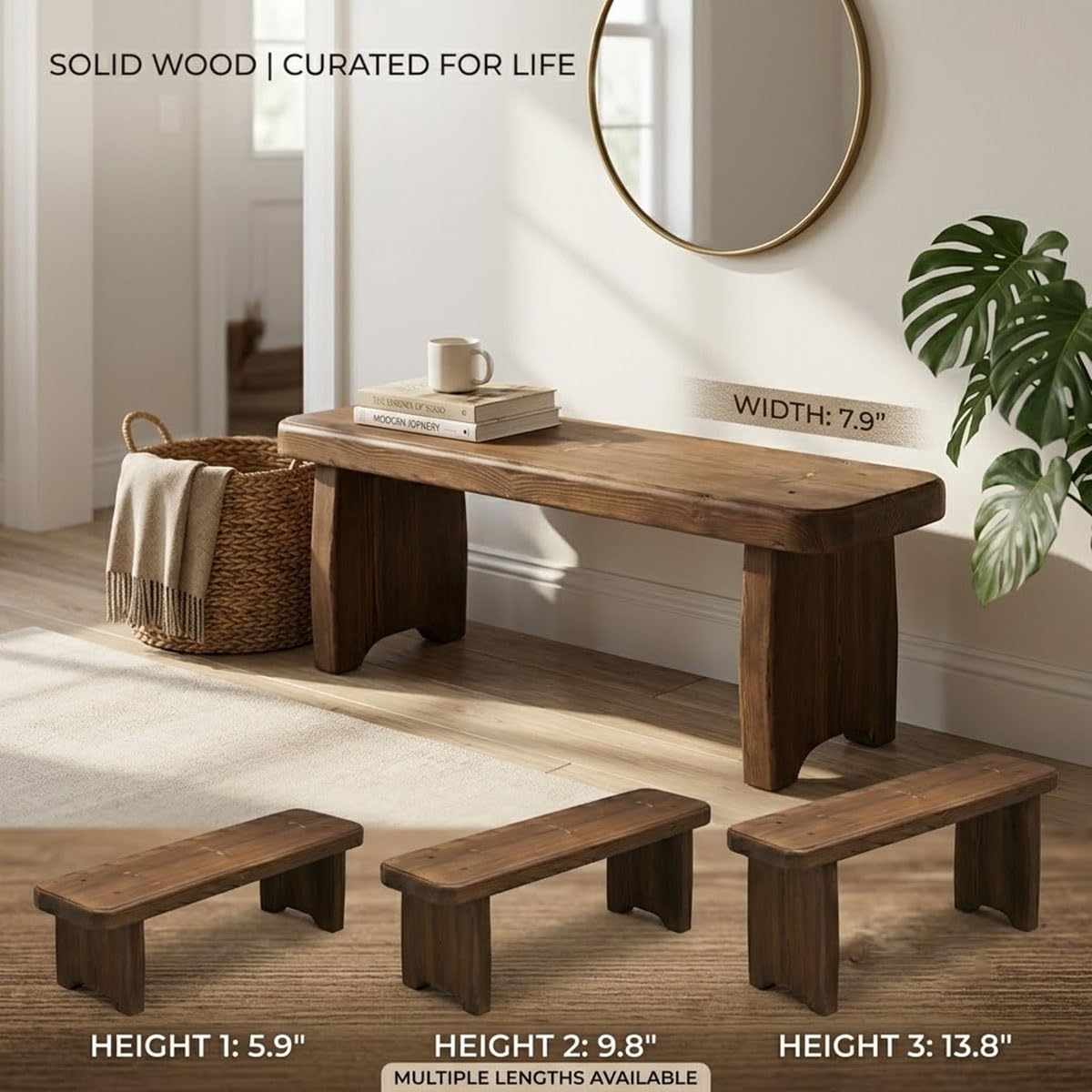 Farmhouse Solid Wood Entryway Bench, Rustic Indoor Shoe Bench
