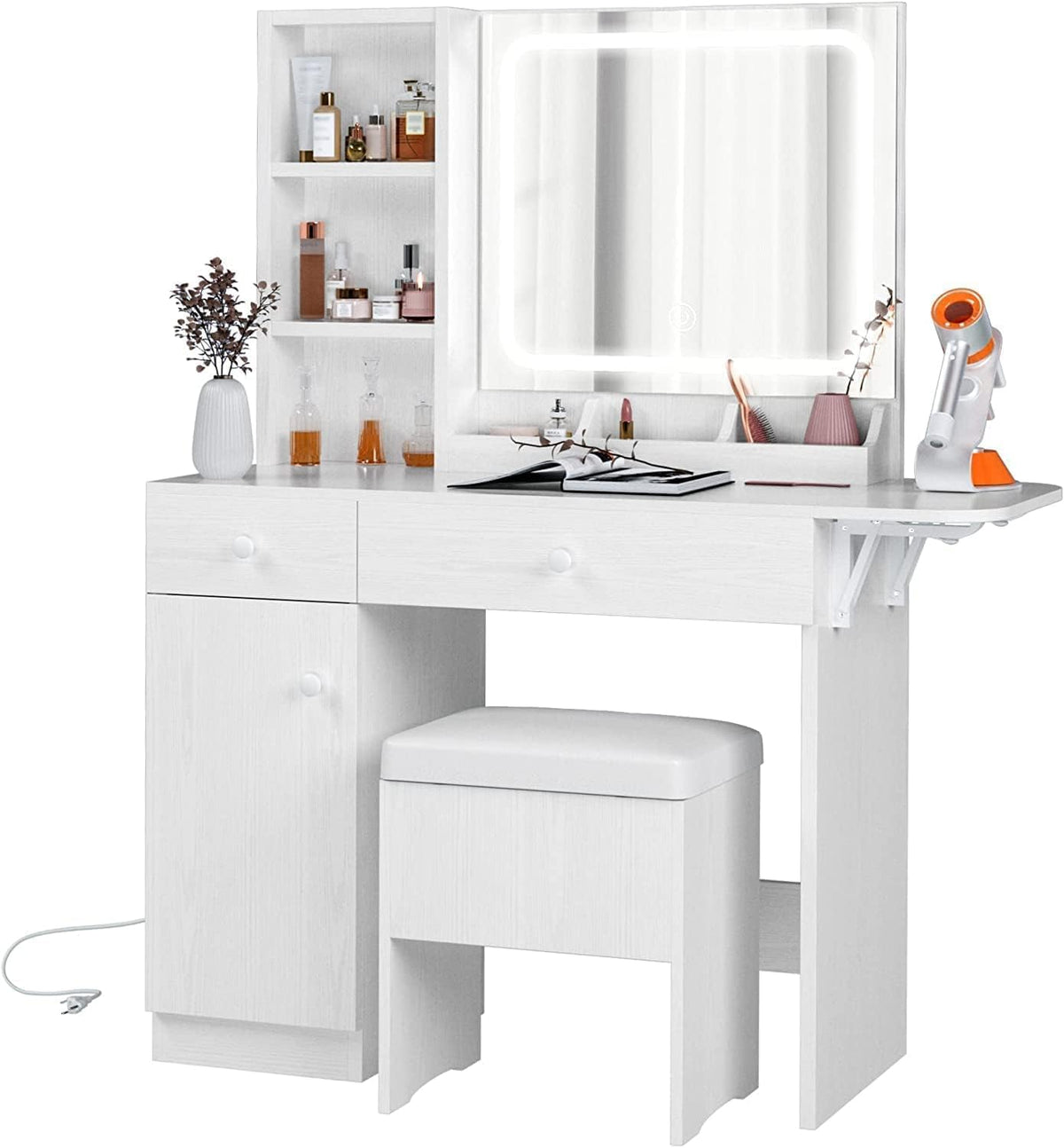 Vanity Desk with Charging Station and Dressing Room | LED Lights, Drawers, Mirror, Storage, Drawer space