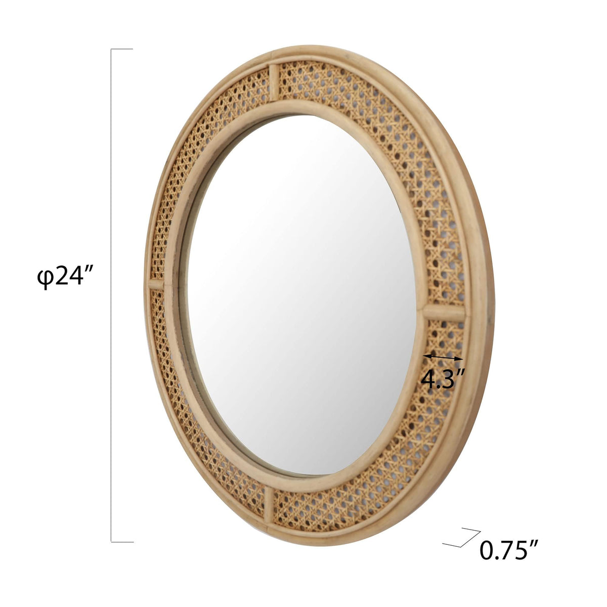 Round Rattan Wall Mirror with Wooden Framed, Modern Boho Decorative Mirror, Entry, Living Room, Bedroom, 24 Inch