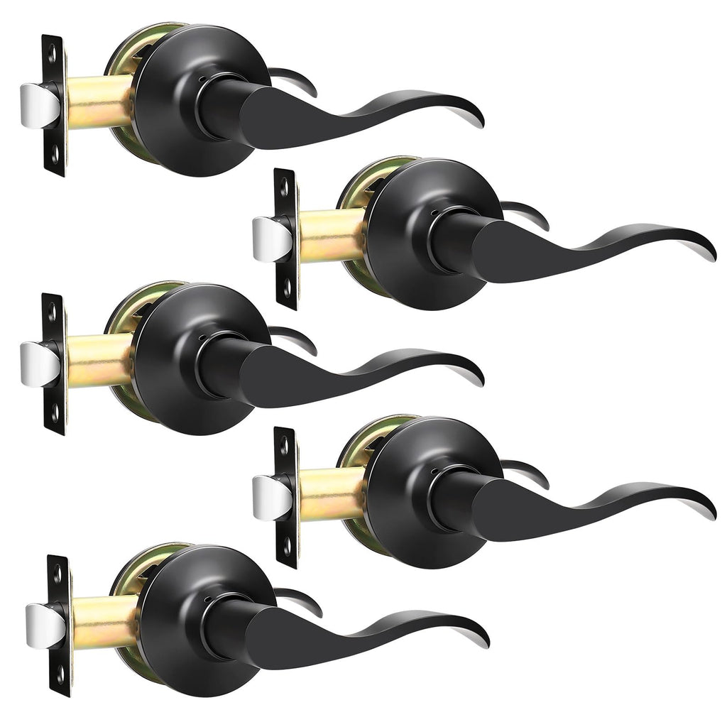 5 Pack Matte Black Passage Door Levers Interior Door Handles and Closet Door Lock Keyless Wave Lever Door Handles