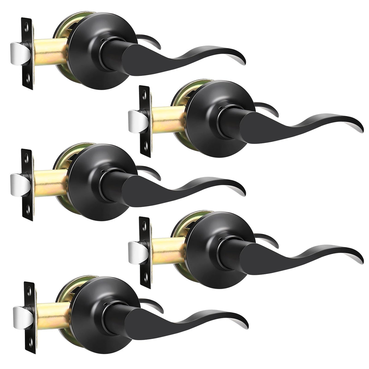 5 Pack Matte Black Passage Door Levers Interior Door Handles and Closet Door Lock Keyless Wave Lever Door Handles