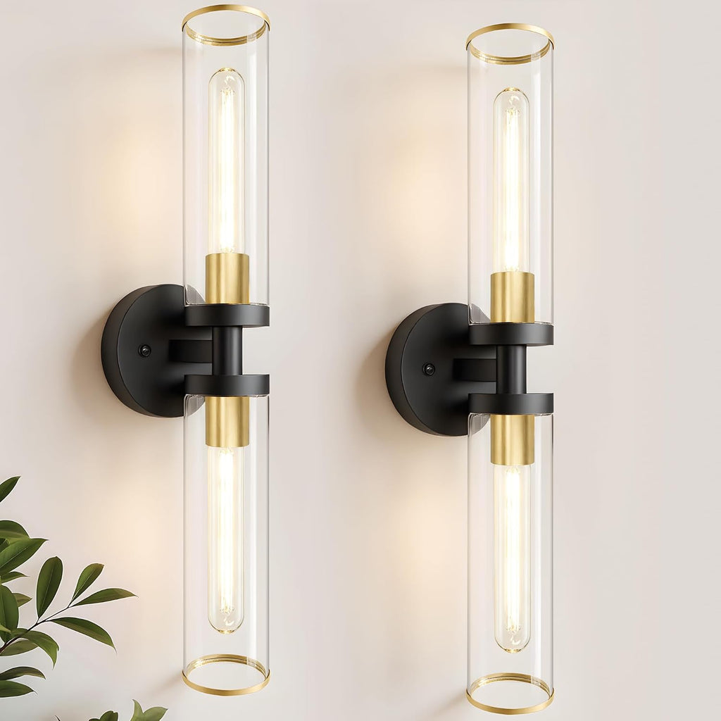 Wall Sconces Set of Two, Black and Gold Bathroom Wall Sconces with Clear Glass,Hardwired Modern Sconces Wall Decor