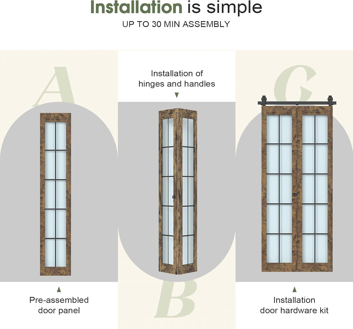 Preassembled Bifold Barn Door 30 x 84 in (Double 15x84in) with Bi-fold Door Hardware Kit, Frosted Glass Cross