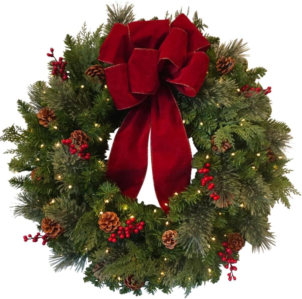 Classic 30-inch Christmas Wreath for Front Door - Large Size Door Wreath with Warm White Energy-Efficient LED Lights