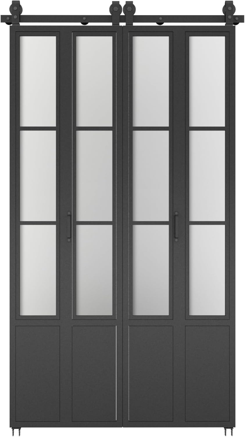 48 in. x 84 in. 3/4 Lites Frosted Glass Black Steel Frame Double Bi-Fold Barn Doors with Hardware Kit and Door Handle