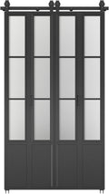 48 in. x 84 in. 3/4 Lites Frosted Glass Black Steel Frame Double Bi-Fold Barn Doors with Hardware Kit and Door Handle