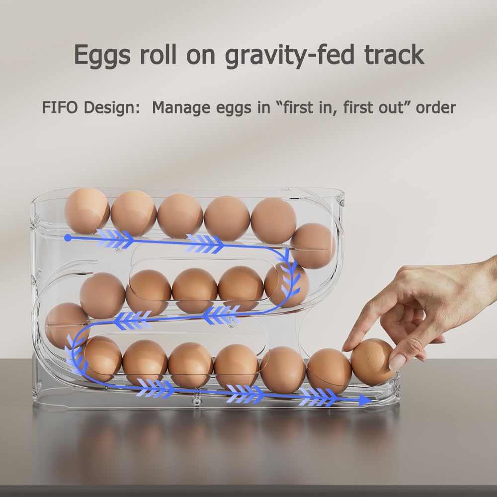 Clear FIFO Egg Holder for Fridge, Egg Dispenser for Eggs 18 Count