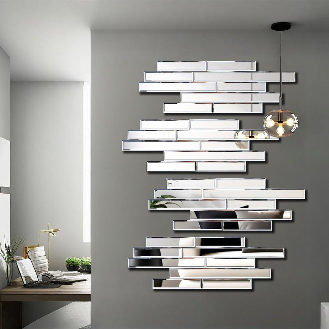 Artisan Set of 4 Silver Beveled Wall Decor Mirrors - 24x8 Inch Each, Creative Combination Design for Modern &