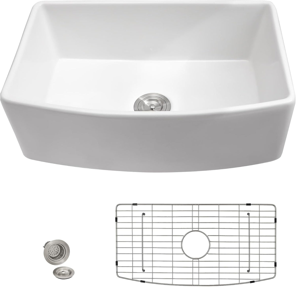 33"x19" White Farmhouse Kitchen Sink - Curved Farm Apron Front White Ceramic Porcelain Fireclay Deep Single Bowl Farm