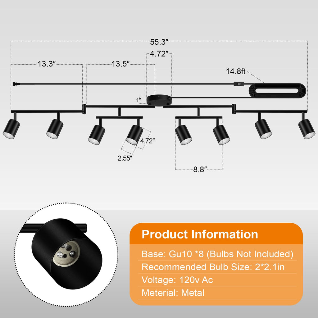 Plug in Track Lighting LED, Track Lighting Fixtures Ceiling, Black 8-Light Kitchen Light Kit, Plug in Wall Light