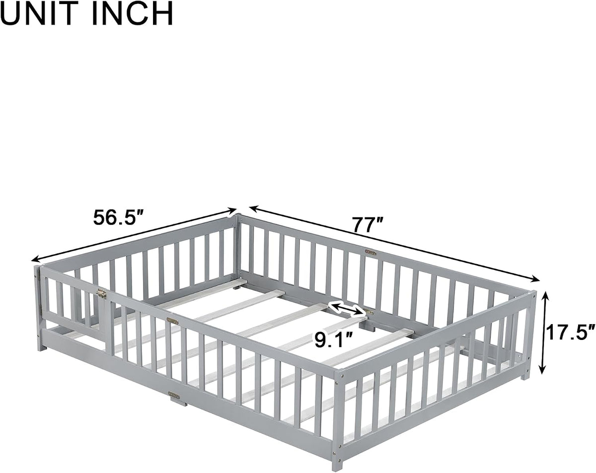 Full Size Montessori Floor Bed with Slats, Door and Guardrails, Gary | Low Profile Montessori Bed with Fence, Easy