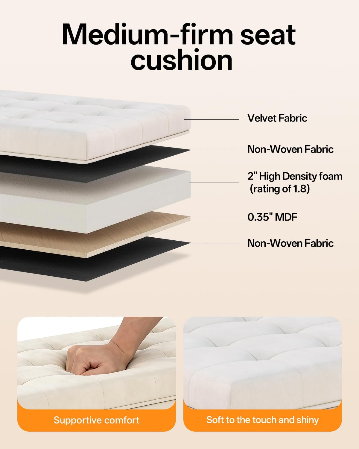 Velvet Storage ottoman bench with legs,43.5"W x 15.7"D x 15.7"H,metal frame end of bed bench hold up to 770 LB,Large