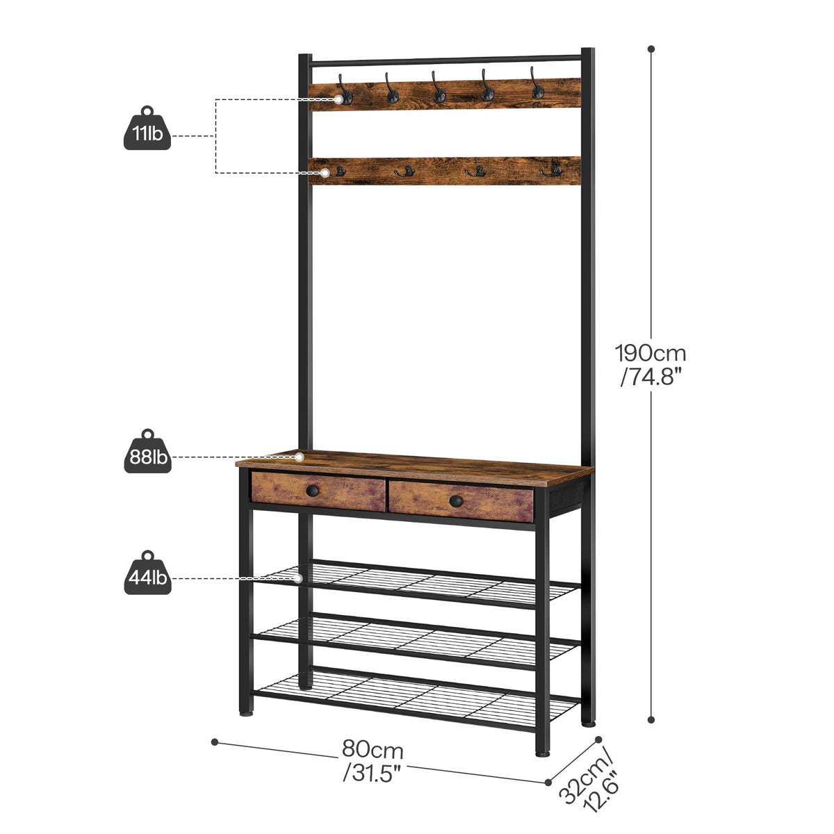 Hall Tree, Entryway Coat and Shoe Rack, 2 Fabric Drawers, Hall Tree with Bench, Shoe and Coat Rack, Coat Rack with