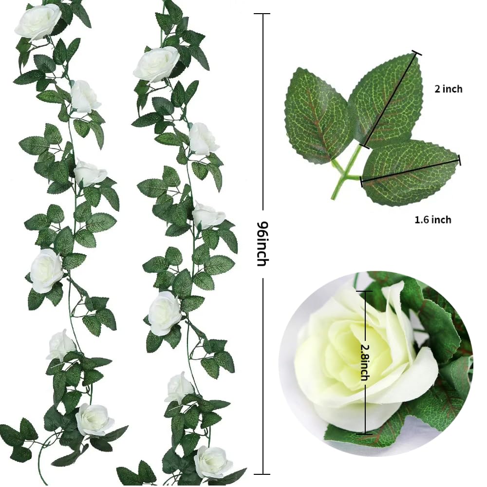 16Ft Artificial Rose Garland Vine (White/2PCS)