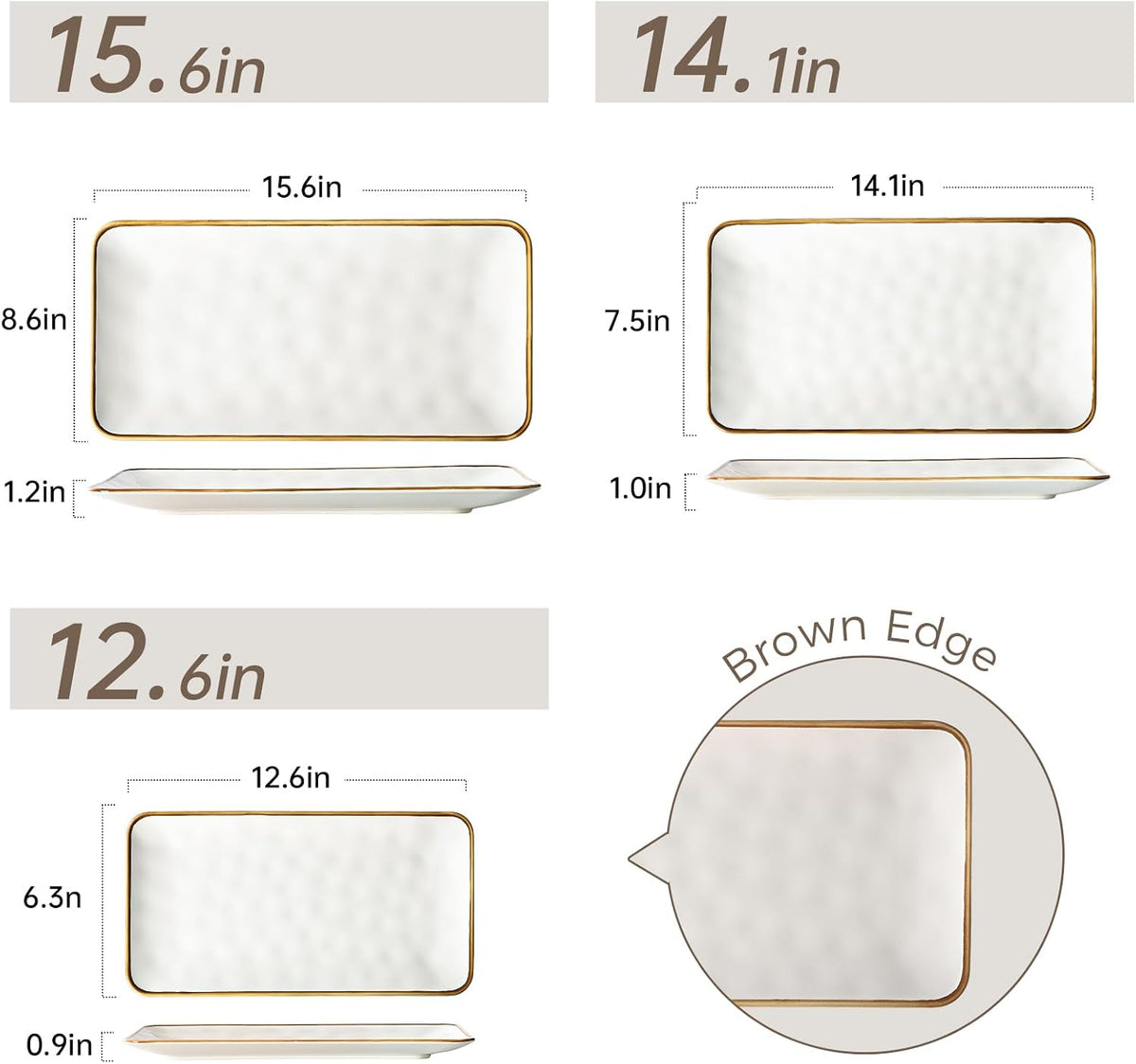Ceramic Rectangle Serving Platter with Brown Rim: 15.6/14.1/12.6 Inch Large Serving Dishes for Entertaining Party