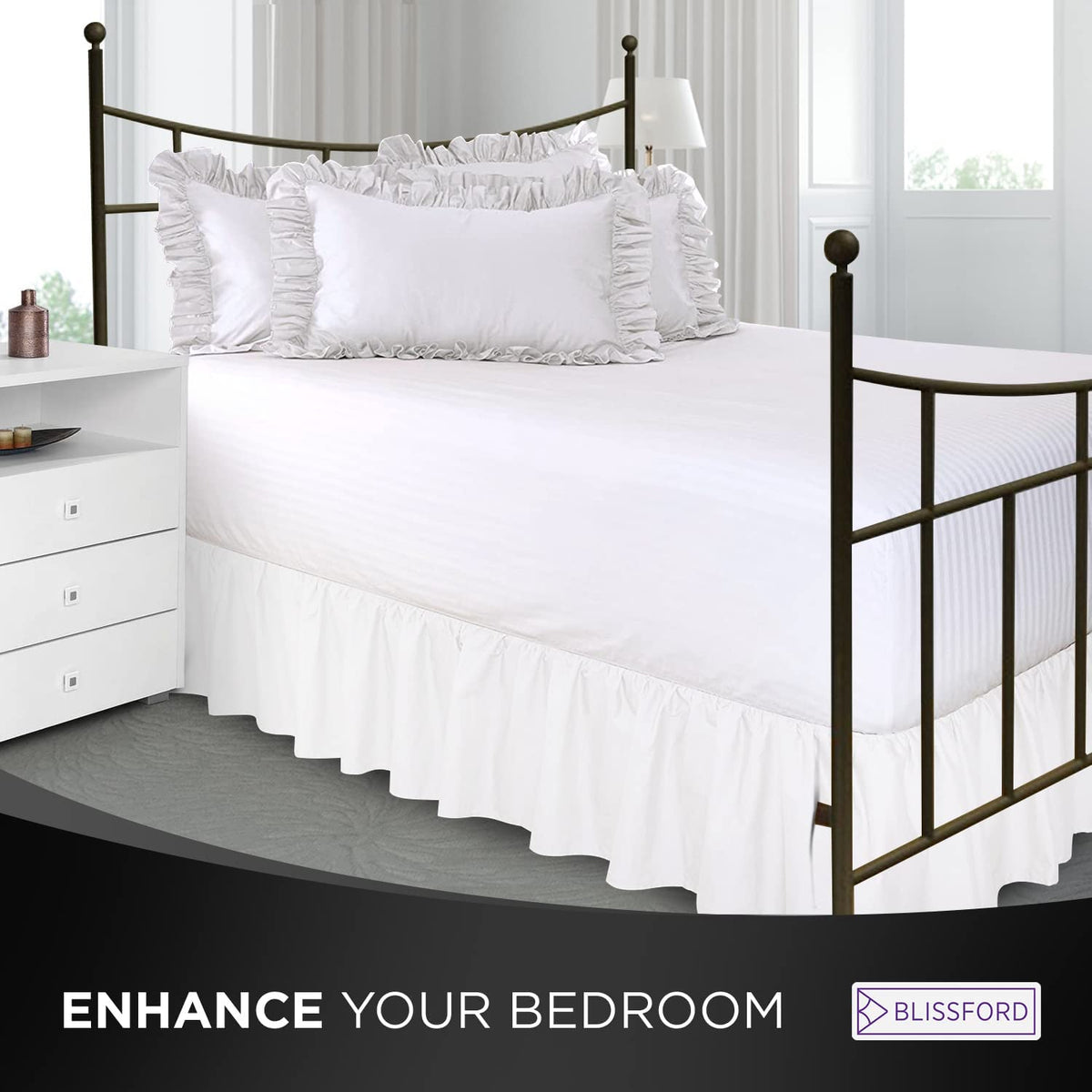 White Bed Skirt 14 inch Drop - with Split Corners - Cotton Blend Ruffle Bed Skirt, Dust Ruffle with