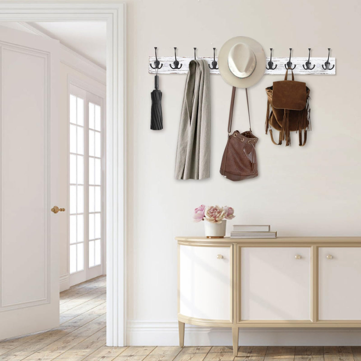 Vintage White Wall Mounted Coat Rack, 34" Long with 10 Tri-Hooks
