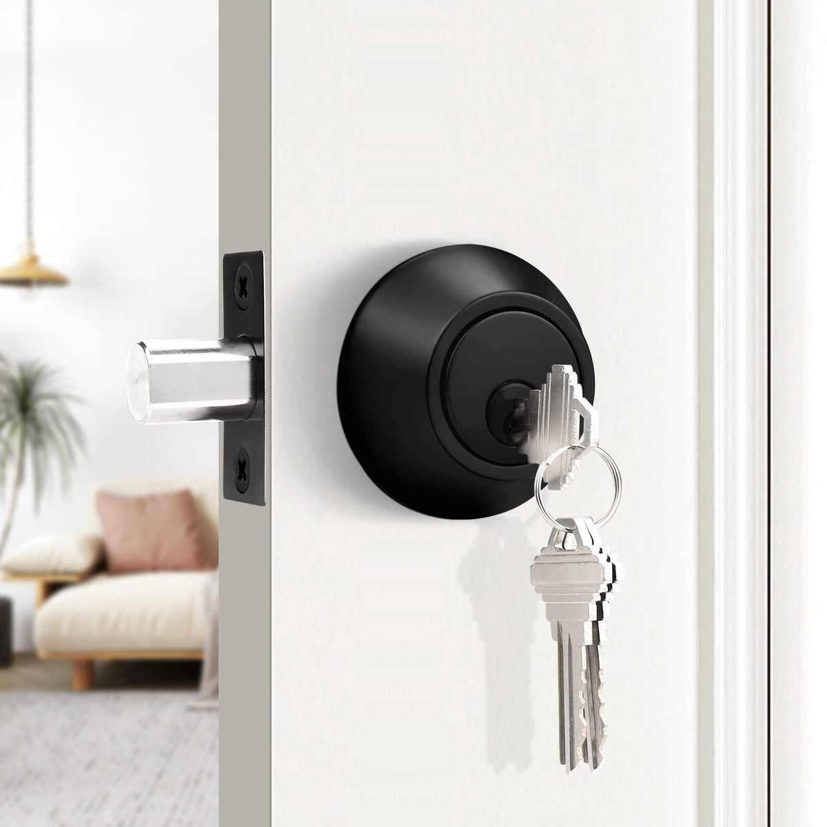1 Pack Black Double Cylinder Deadbolt Lock Set, Round Keyed Both Side Door Lock for Exterior and Interior Door