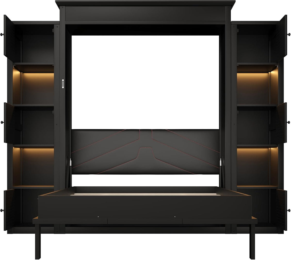 Queen Murphy Bed with Storage Shelf, Space Saving Hidden Wall Bed Cabinet with LED Lights, Foldable Murphy Beds with