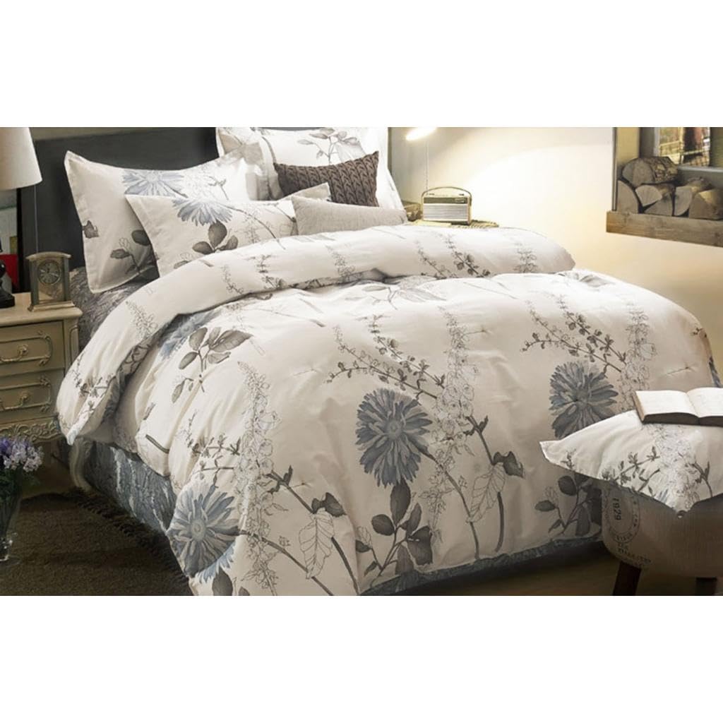 Floral Comforter Set, 100% Cotton Fabric, Vintage Flower Shabby Chic Farmhouse Botanical Cottagecore Sunflower, 3