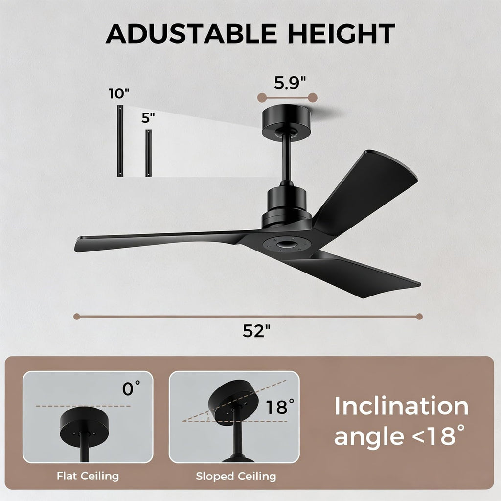 52" Black Ceiling Fan with Remote, No Light