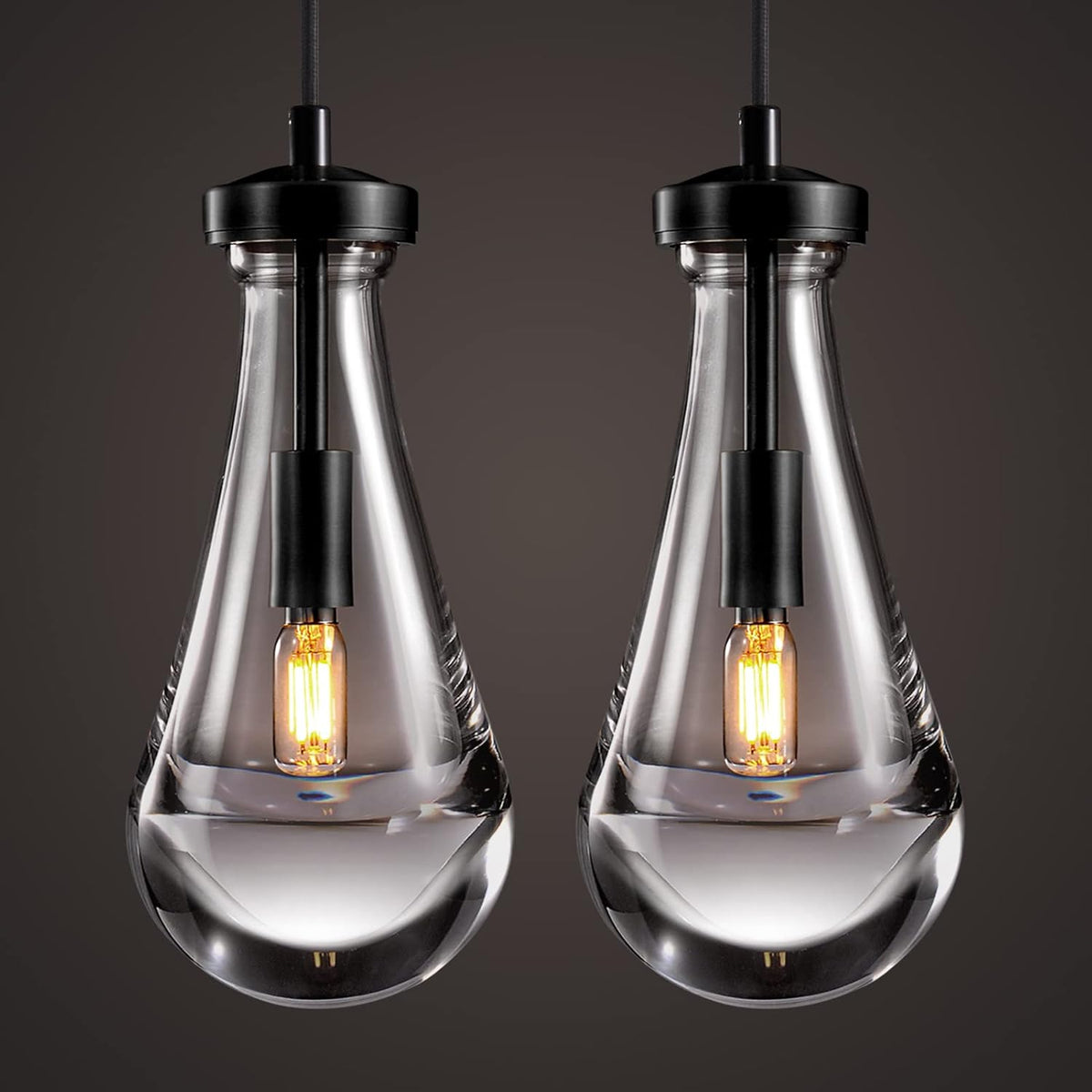 Raindrop Pendant Lights Kitchen Island Set of 2 Teardrop Black Hanging Light Fixtures Clear Solid Glass Pendant Light Modern Chandeliers for Dining Room Porch Corridor Living Room