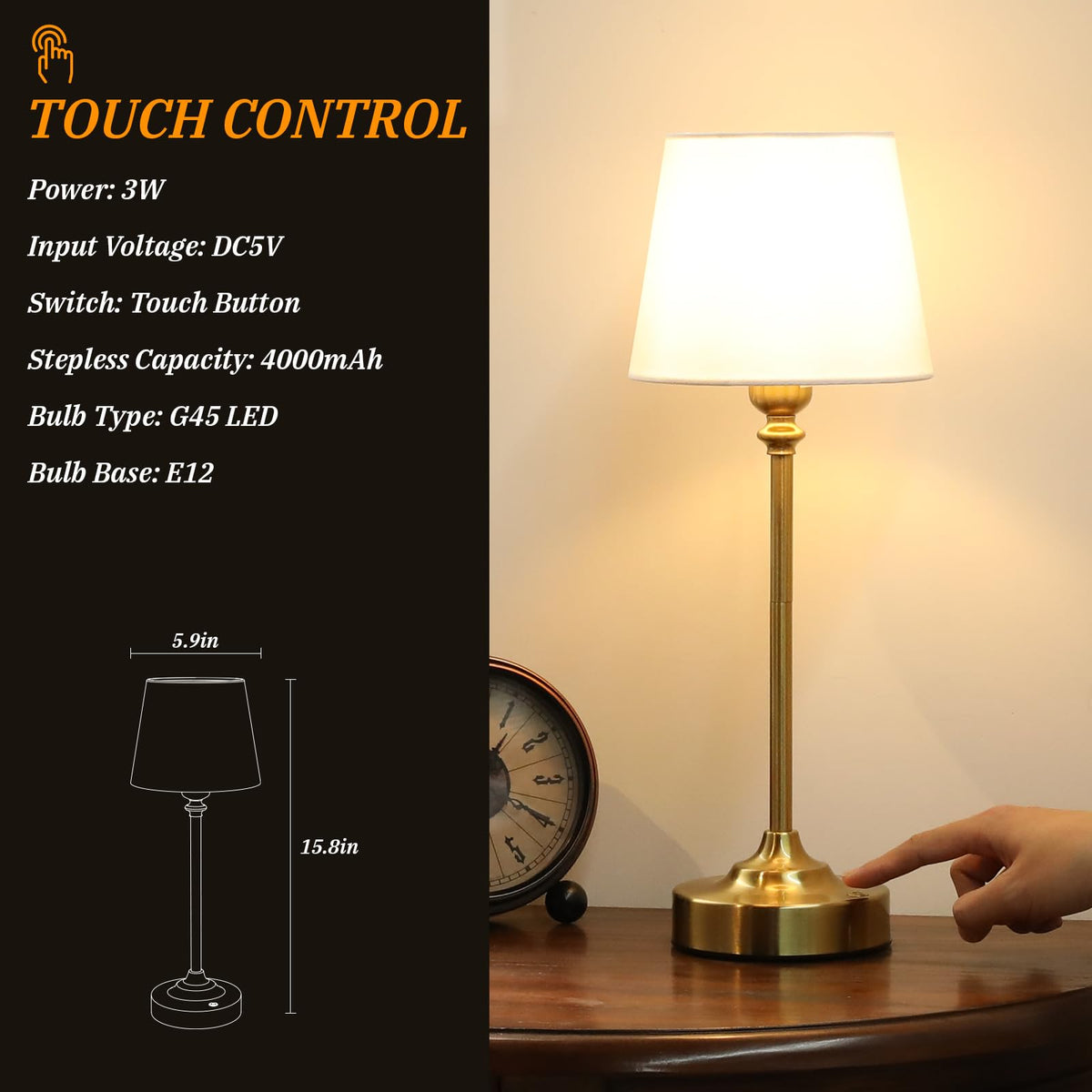 Gold Cordless Table Lamp with Rechargeable Battery, 1 Pack