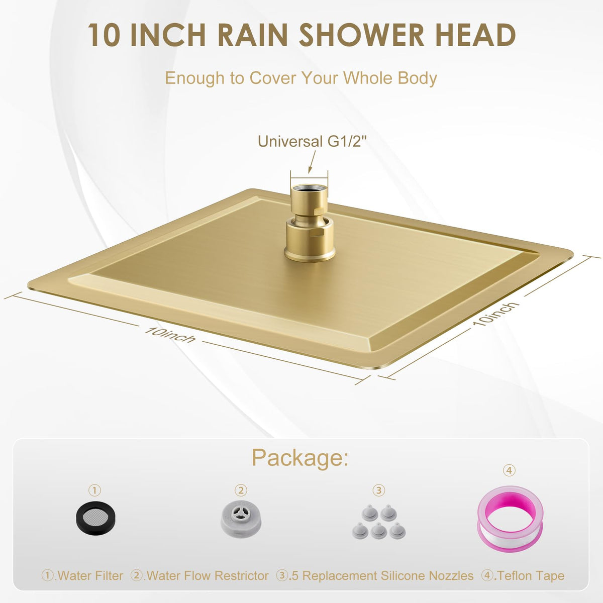 10 Inch Gold Rain Shower Head - All Metal Stainless Steel 304, Ultra Thin Design, Modern Bathroom Square Rainfall