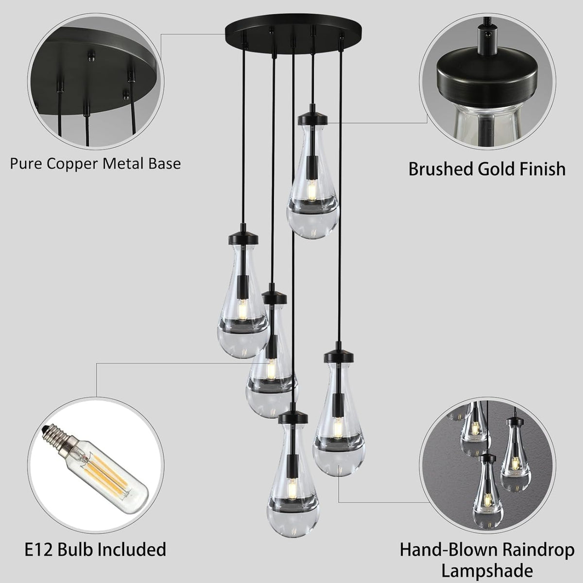 Raindrop Pendant Lights Kitchen Island Teardrop Black Hanging Light Fixtures Clear Solid Glass Pendant Light Modern Chandeliers for Dining Room Porch Corridor Living Room (5-Light)