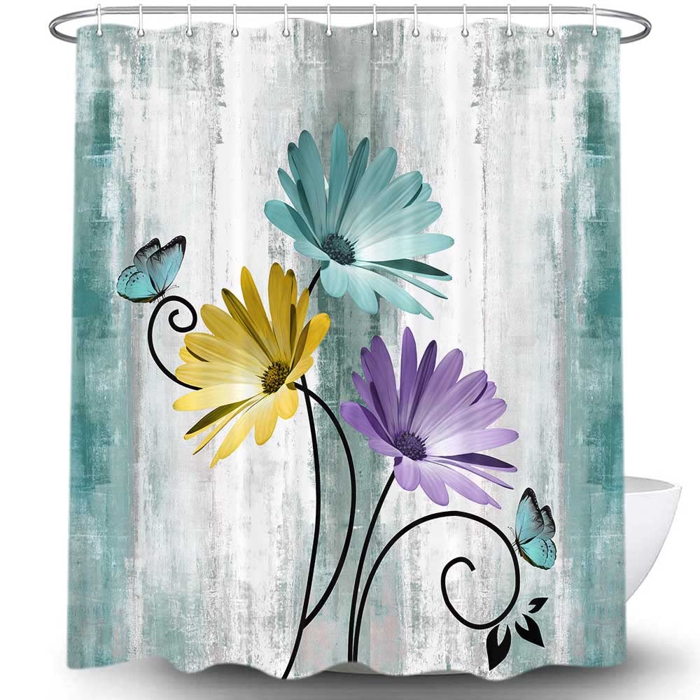 Happy Campers Rustic Farmhouse Shower Curtain, Farm Teal Daisy Floral Flowers on Country Wooden Travel Trailer