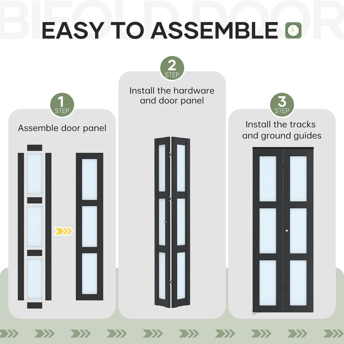 Bifold Closet Doors,Folding Door for 30" x 80" Opening,3-Lite Tempered Frosted Glass,Black Interior Bi-fold Barn Door