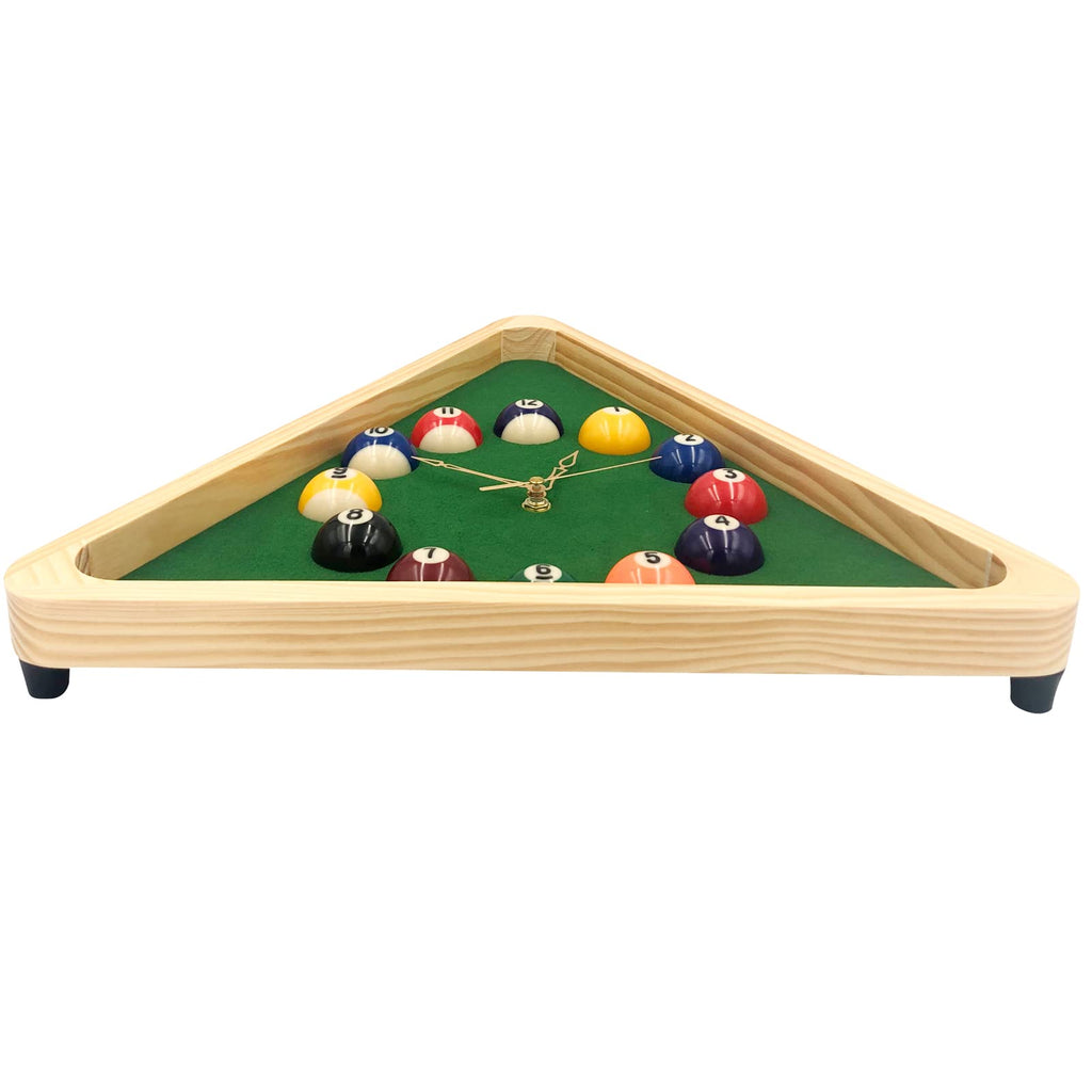 Inspired Nelson Style Billiards Pool Ball Clock - 14Inch Triangle Pool Table Cool Wall Clock with Solid Wood Frame, Great for Billiards