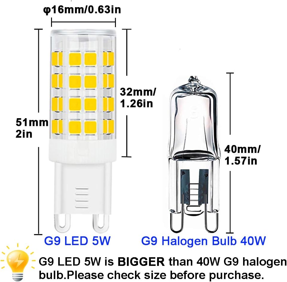 G9 LED Bulb 5W, 40W G9 Halogen Bulb Replacement, 420LM, Daylight White 6000K, AC100V-240V, G9 Base Non-Dimmable Light