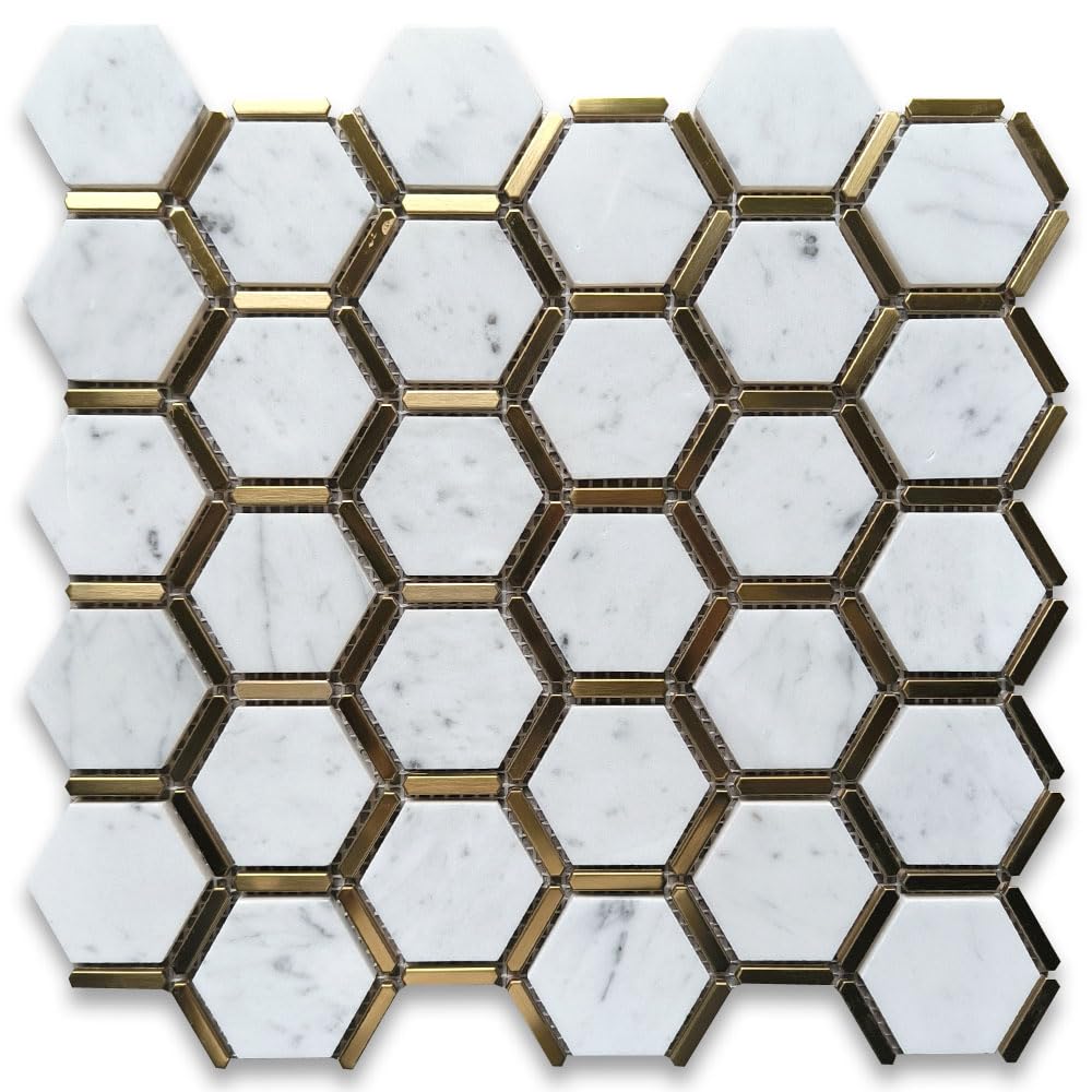 Carrara White Marble 2 inch Hexagon Mosaic Tile w/Brass Strips Polished Kitchen Bath Wall Floor Backsplash Shower (1