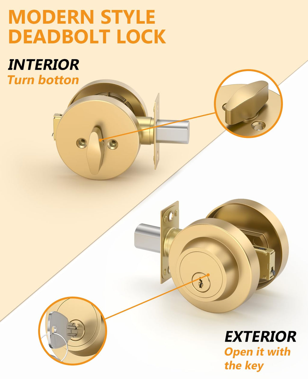 1 Pack Champagne Bronze Deadbolt Lock, Round Exterior Keyed Front Entry Door, Exterior Door Security, Door Lock Set