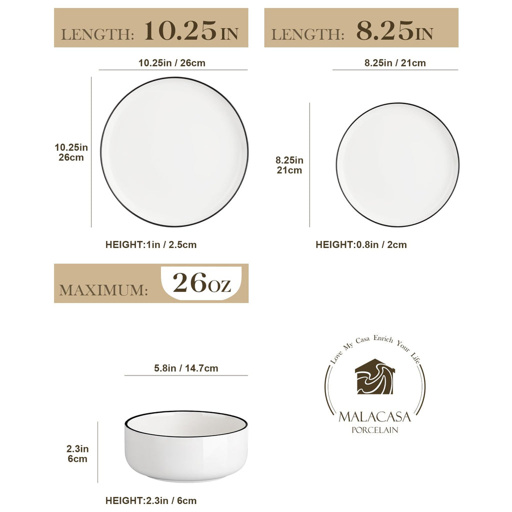 Plates and Bowls Sets, 12 Pieces Modern Porcelain Dinnerware Set for 4 White Kitchen Dinner Dining Ware Set wtih
