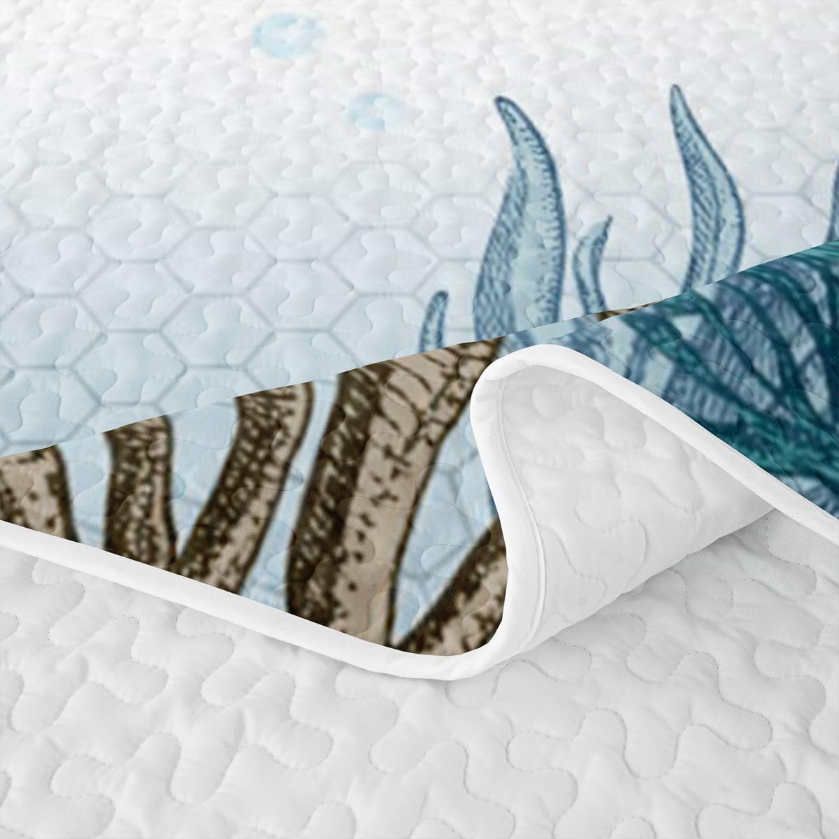 Sea Turtle Quilt Set Teal Blue Sea Coastal Lightweight Quilt Bedding Set for Summer Underwater World