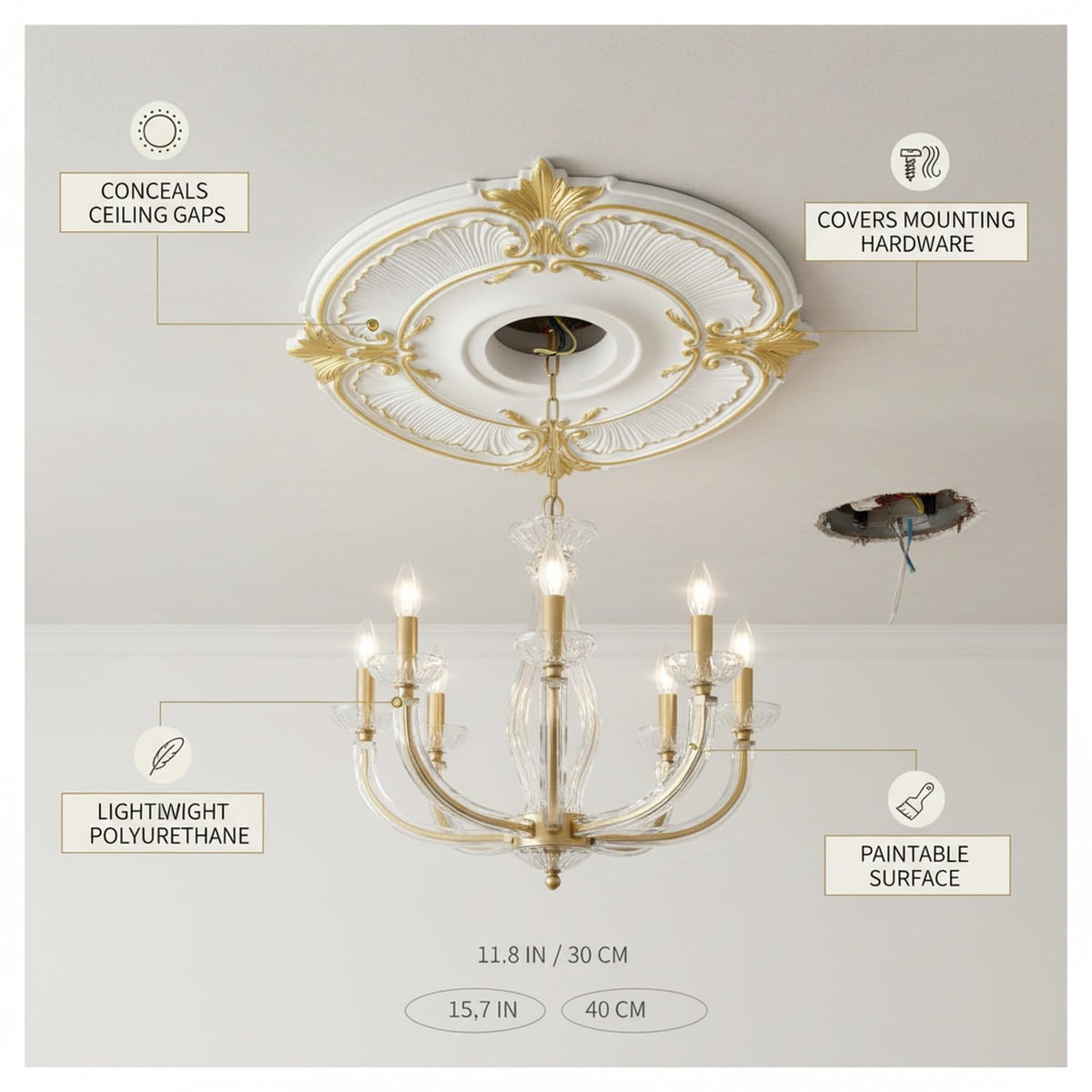 Easy Install Ceiling Medallion for Light Fixtures, Gold Polyurethane Decorative Ring Hides Gaps and Hardware (1 Piece)