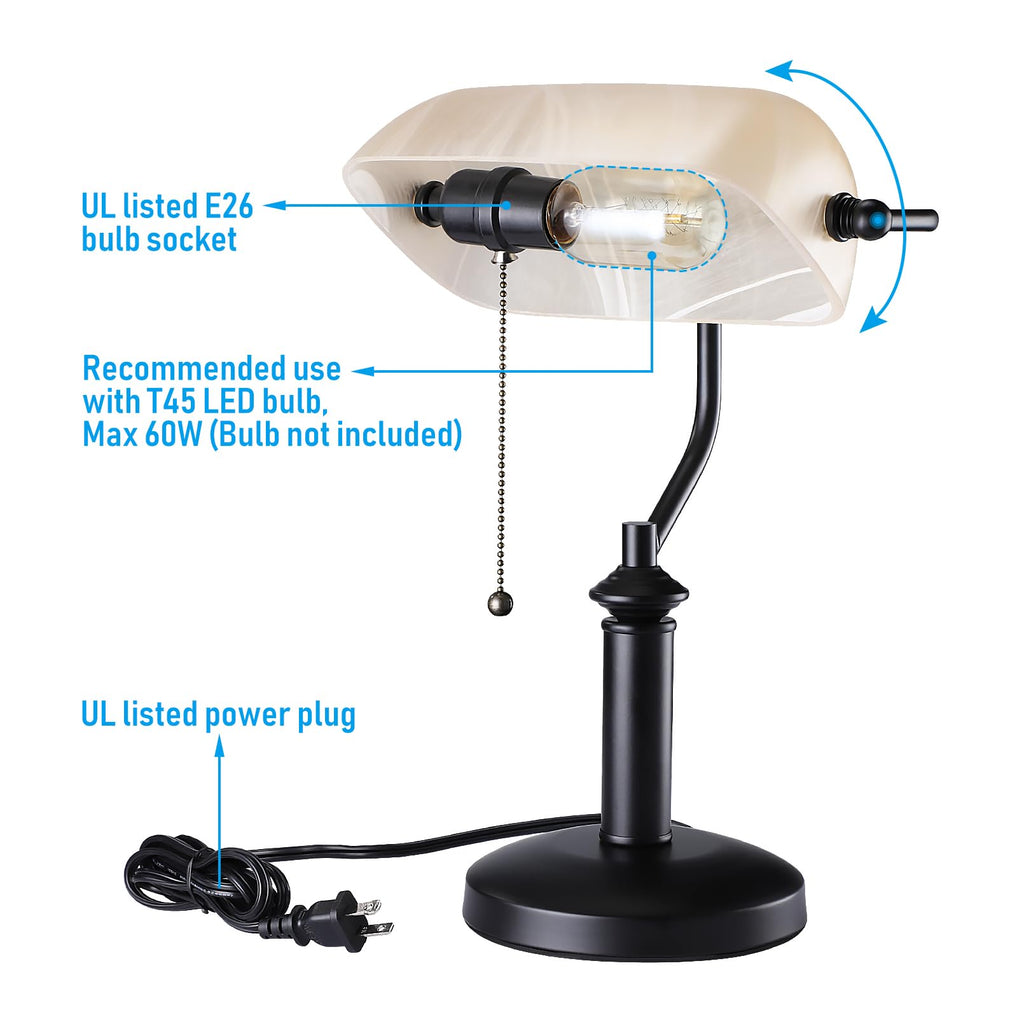 Pale Yellow Glass Bankers Desk Lamp with Pull Chain, E26 Base