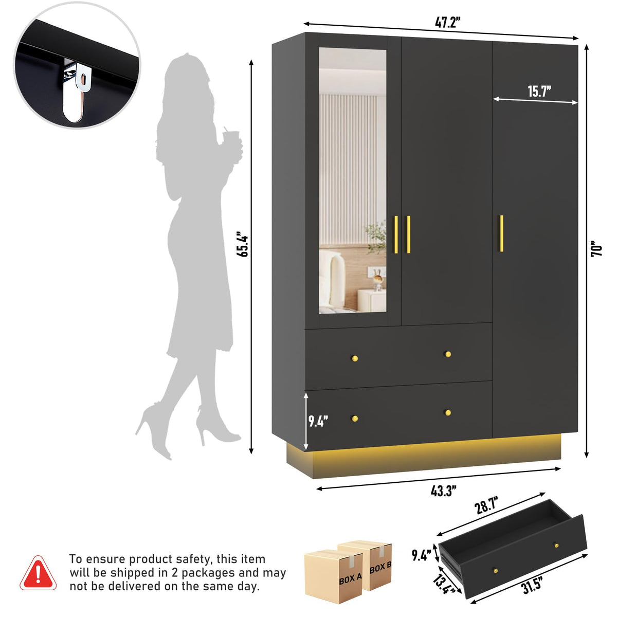 3 Door Wardrobe Closet with Mirror and LED Lights, Bedroom Armoire with Drawers Shelves, Modern Wooden Armoire