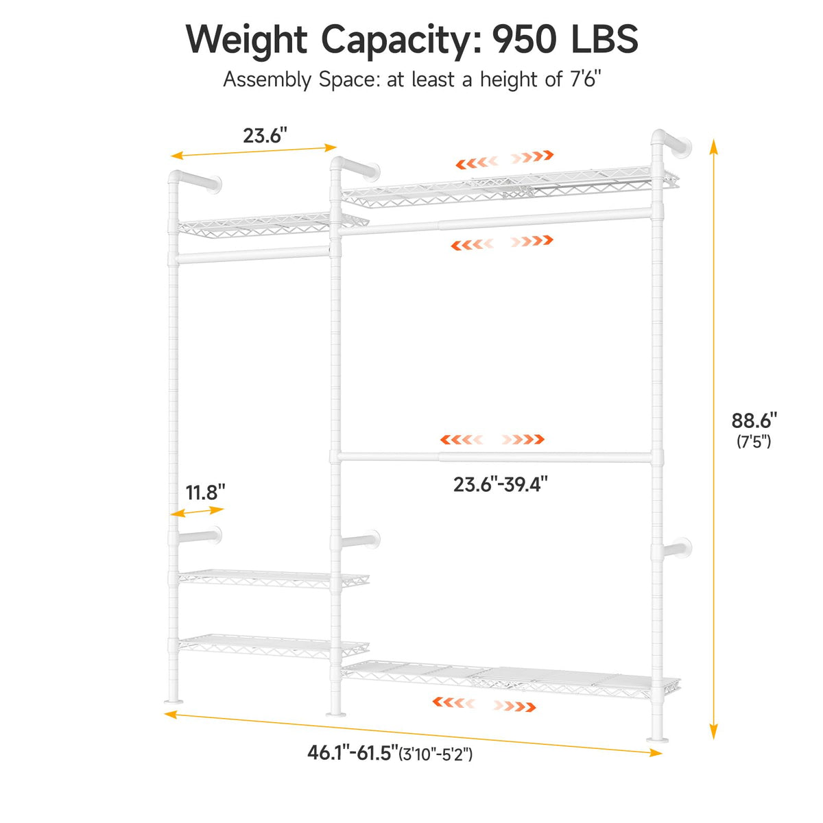 H2 Plus Expandable Wall Mounted Closet System Clothes Rack White