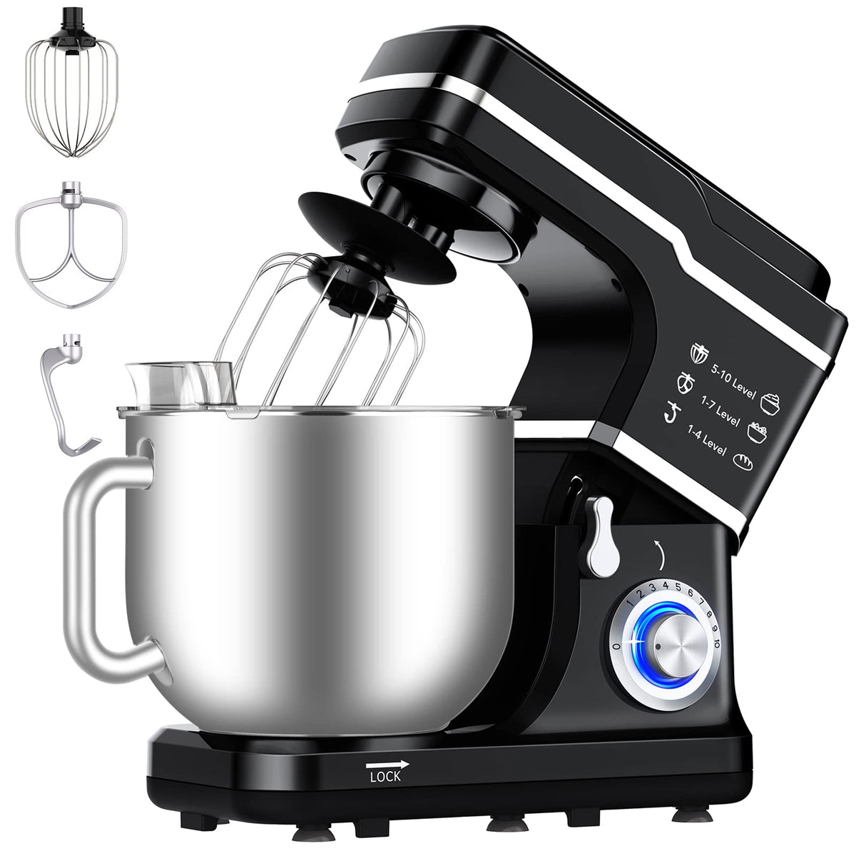 7.5 QT Stand Food Mixer, 10-Speed Tilt Head 3 in-1 Kitchen Electric Mixer with Stainless Steel Bowl, Egg Whisk, Dough
