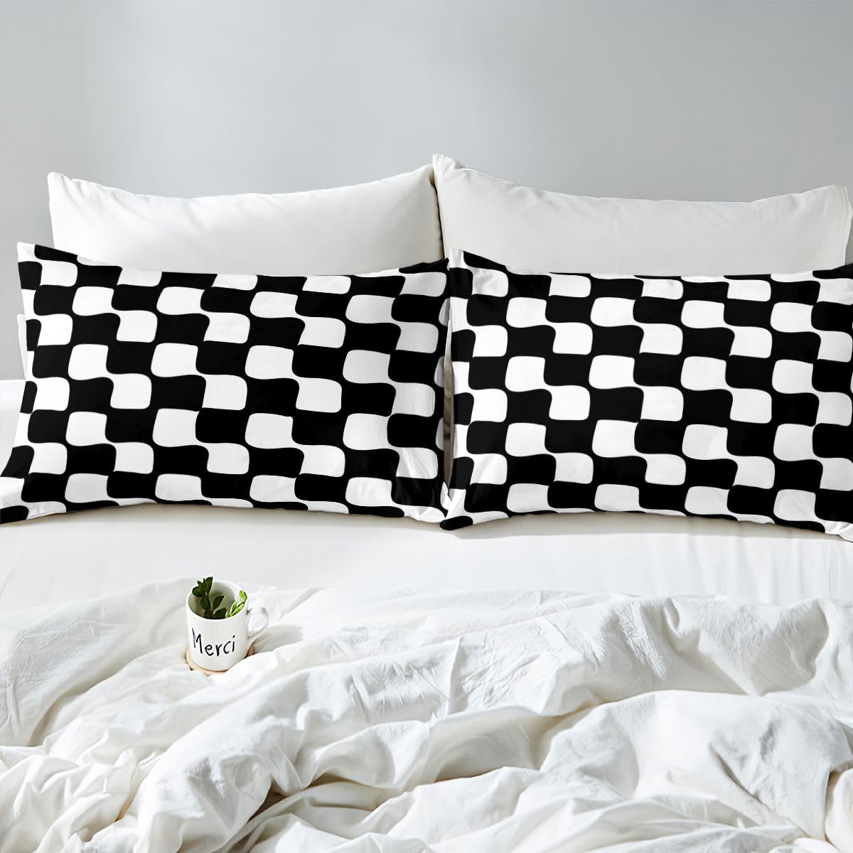 Checkered Grid Bed Sheets Set Buffalo Plaid Deep Pocket Fitted Sheet Black White Bedding Sets Geometric