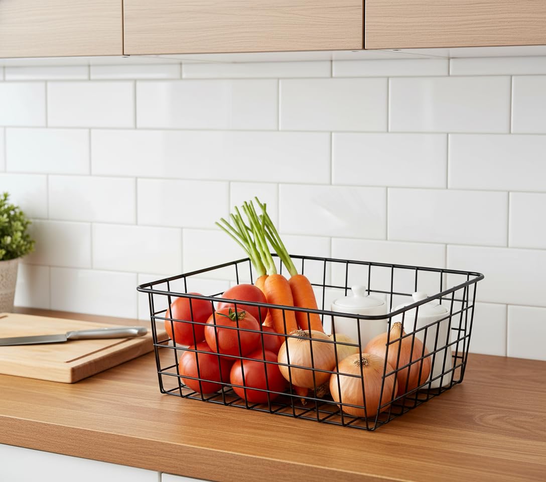 Wire Baskets with Handles Wire Storage Organizer Bin Baskets, Pantry, Closets, Bedrooms - Set of 2(Black)
