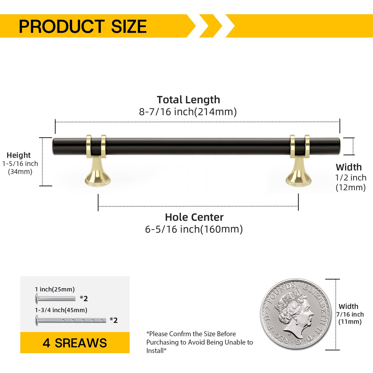 20 Pack 6-1/4 Inch Hole Center Black and Gold Cabinet Handles