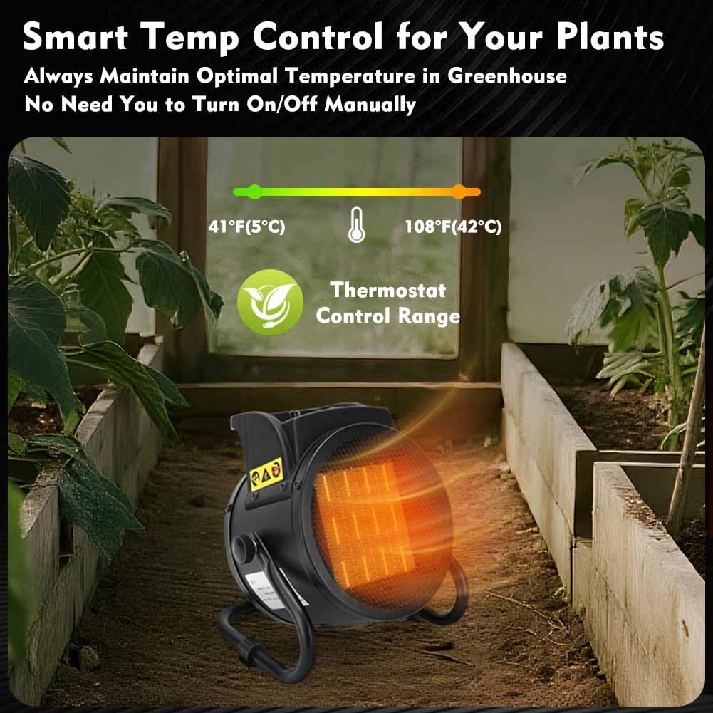 Greenhouse Heater with Thermostat, 1500W Electric Heater Auto Temperature Control Kit Digital Display, Fast Heating