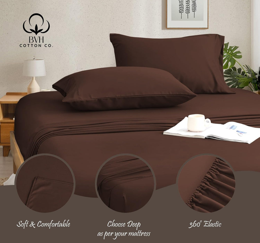 Egyptian Cotton Sheet Set, 4Pc Bed Set, Soft & Breathable Percale Weave, Fits 10-12" Deep Pocket