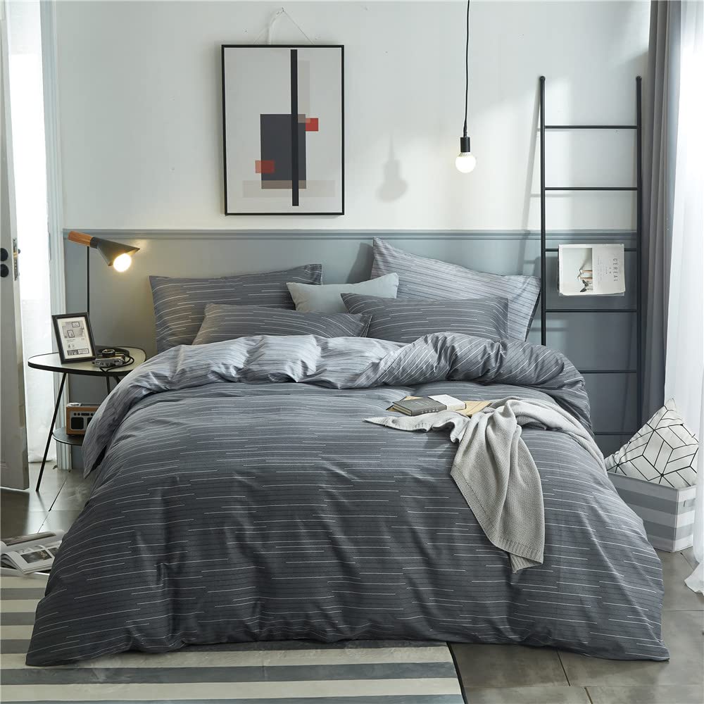 Striped Duvet Cover Set 100% Cotton, (104"x90"), Dark Grey Stripes