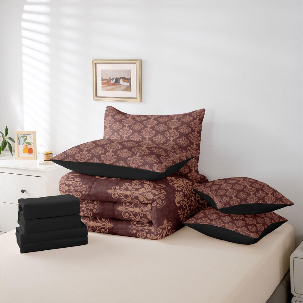 Brown Gothic Comforter Set with Sheets 7 Piece Exotic Floral Damask Bed in A Bag Baroque Vintage Flowers